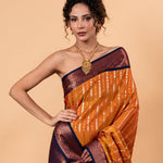 Orange Kanjivaram Silk Saree with Copper and Blue Border and Pallu - Image 3