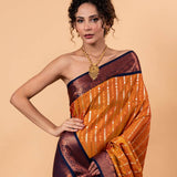 Orange Kanjivaram Silk Saree with Copper and Blue Border and Pallu - Image 3