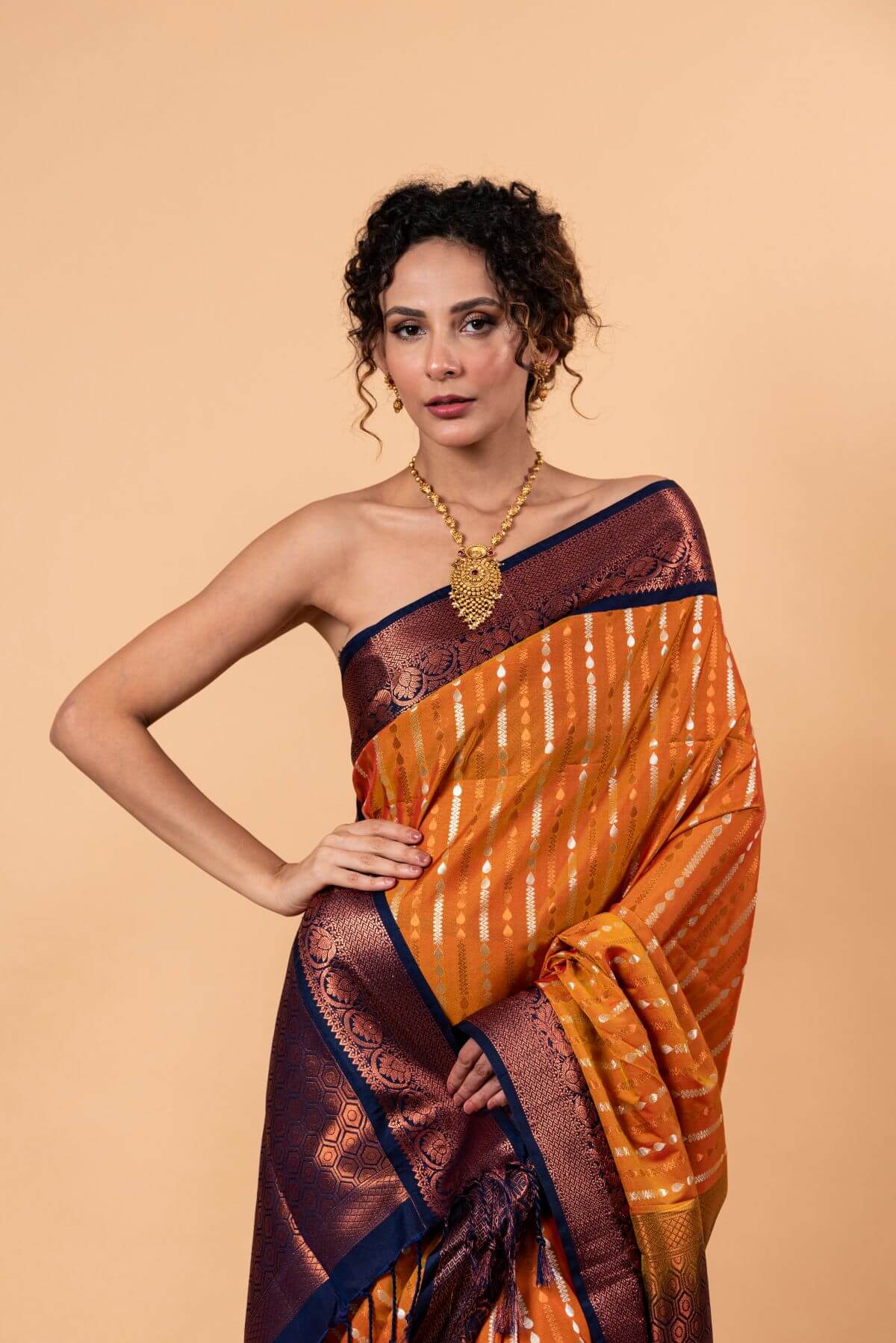 Orange Kanjivaram Silk Saree with Copper and Blue Border and Pallu - Image 3