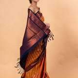 Orange Kanjivaram Silk Saree with Copper and Blue Border and Pallu - Image 2