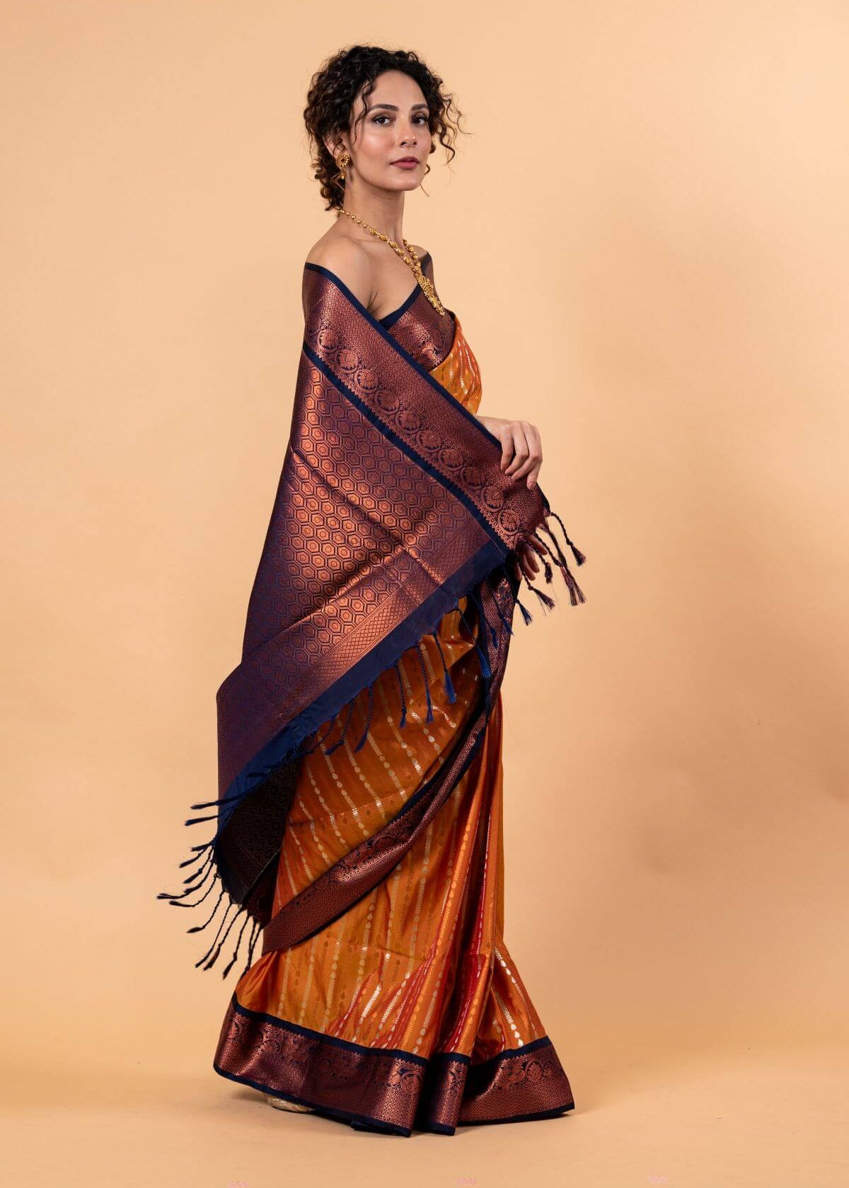 Orange Kanjivaram Silk Saree with Copper and Blue Border and Pallu - Image 2