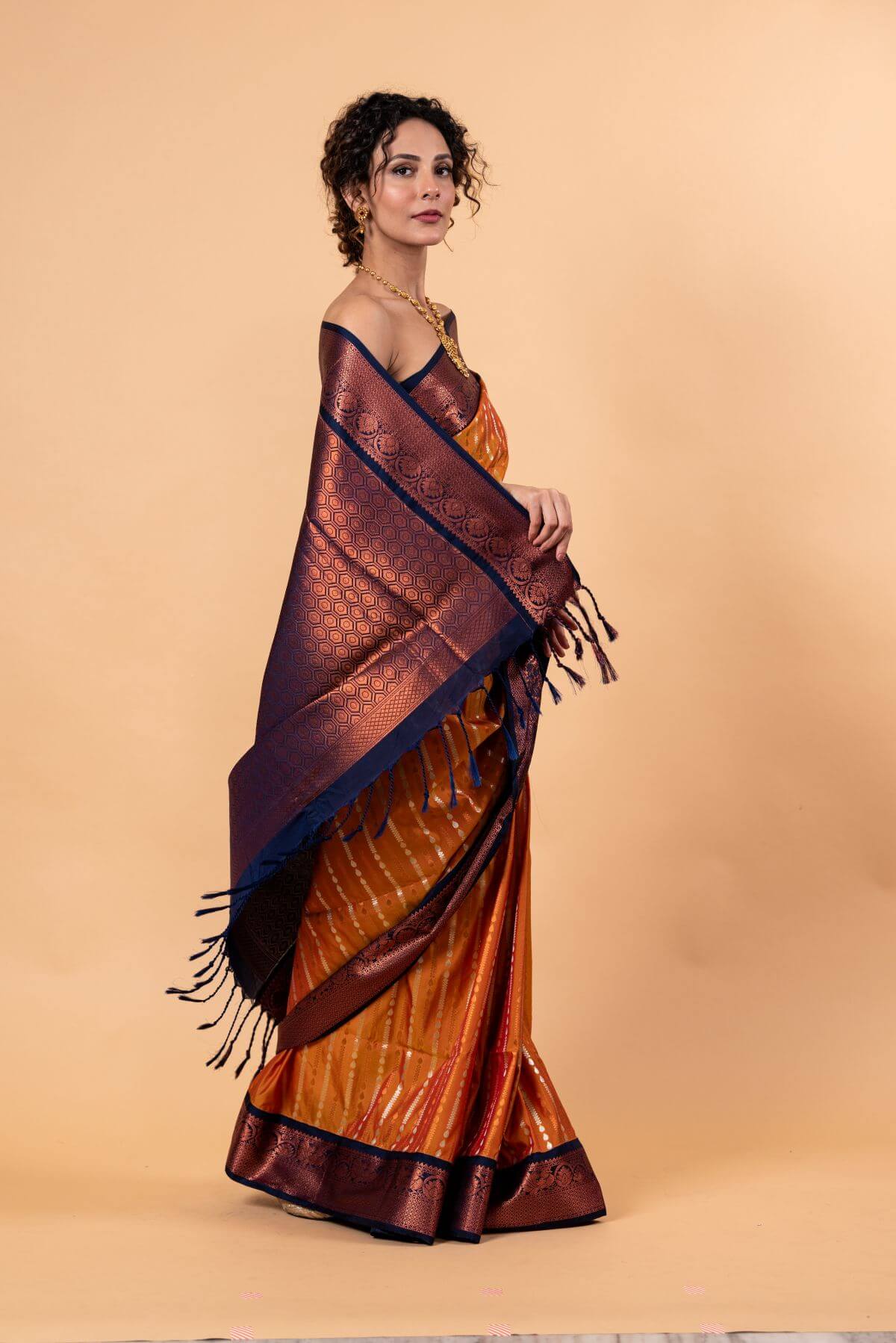Orange Kanjivaram Silk Saree with Copper and Blue Border and Pallu - Image 2