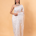 White Designer Net Saree with All over Embroidered Work - Anvi Couture