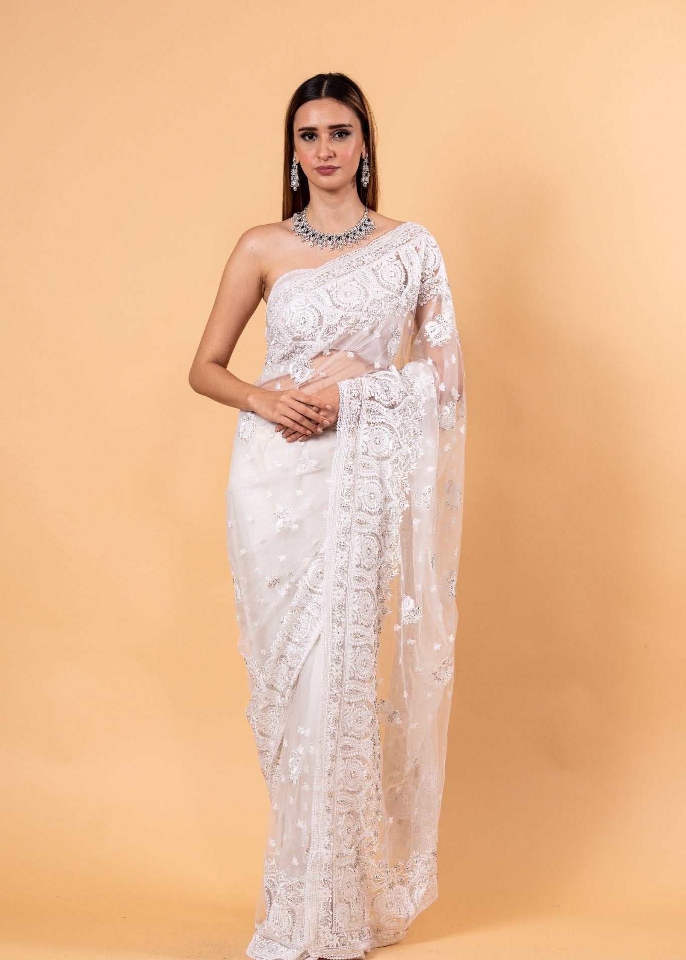 White Designer Net Saree with All over Embroidered Work - Anvi Couture