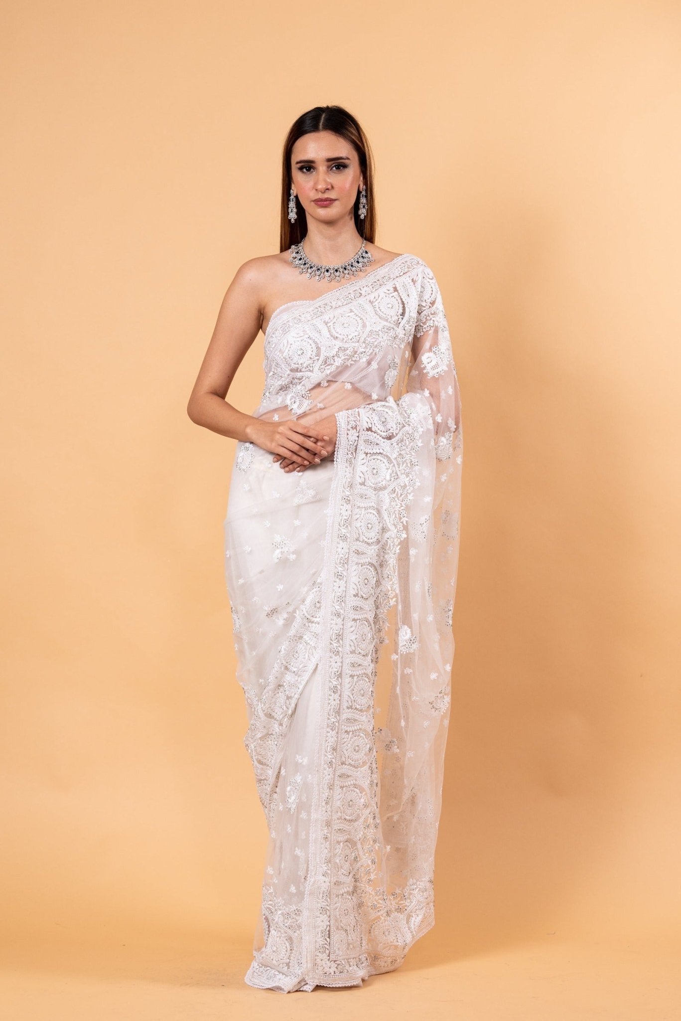 White Designer Net Saree with All over Embroidered Work - Anvi Couture