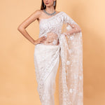 White Designer Net Saree with All over Embroidered Work - Anvi Couture