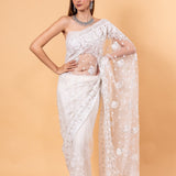 White Designer Net Saree with All over Embroidered Work - Anvi Couture