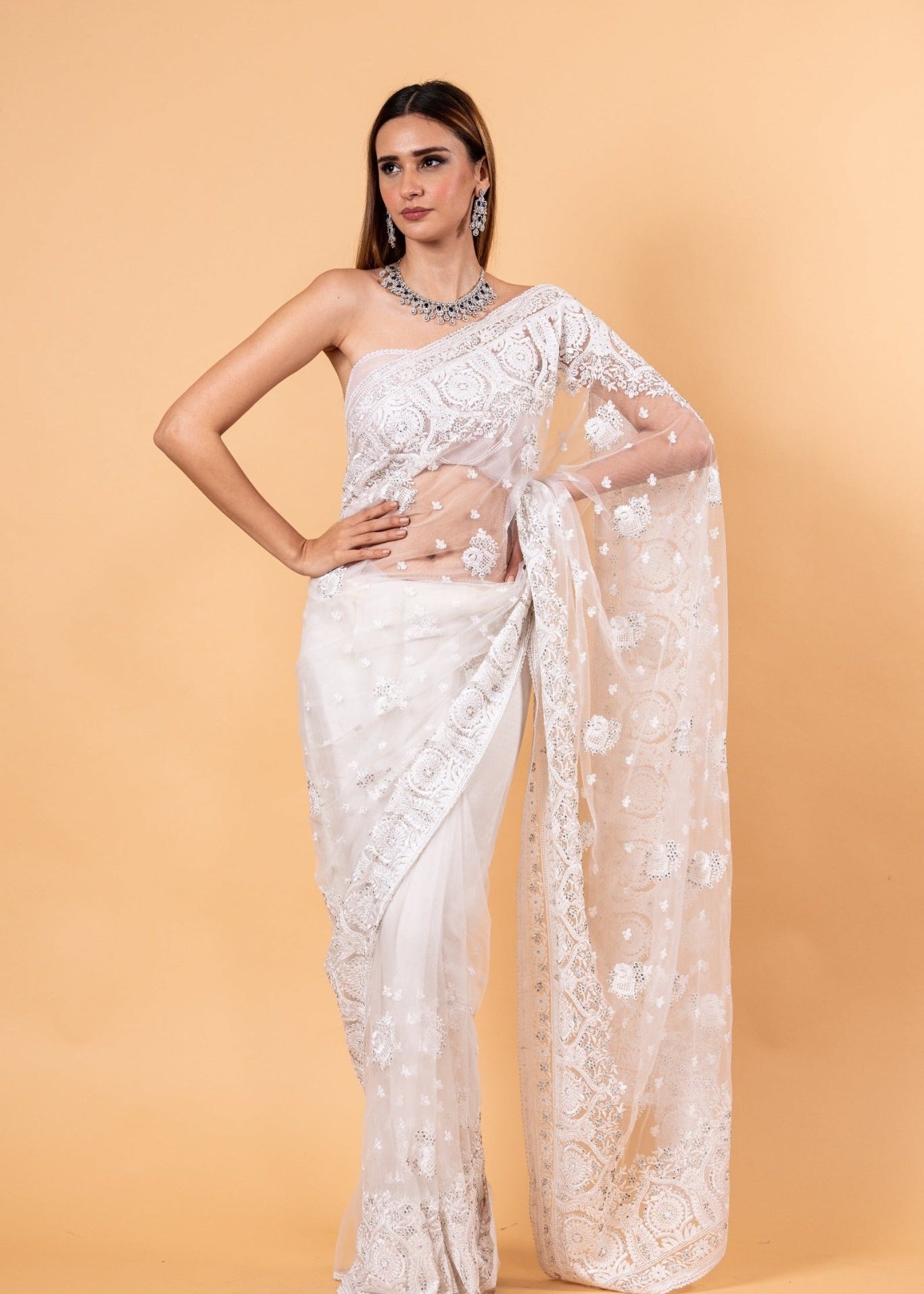 White Designer Net Saree with All over Embroidered Work - Anvi Couture