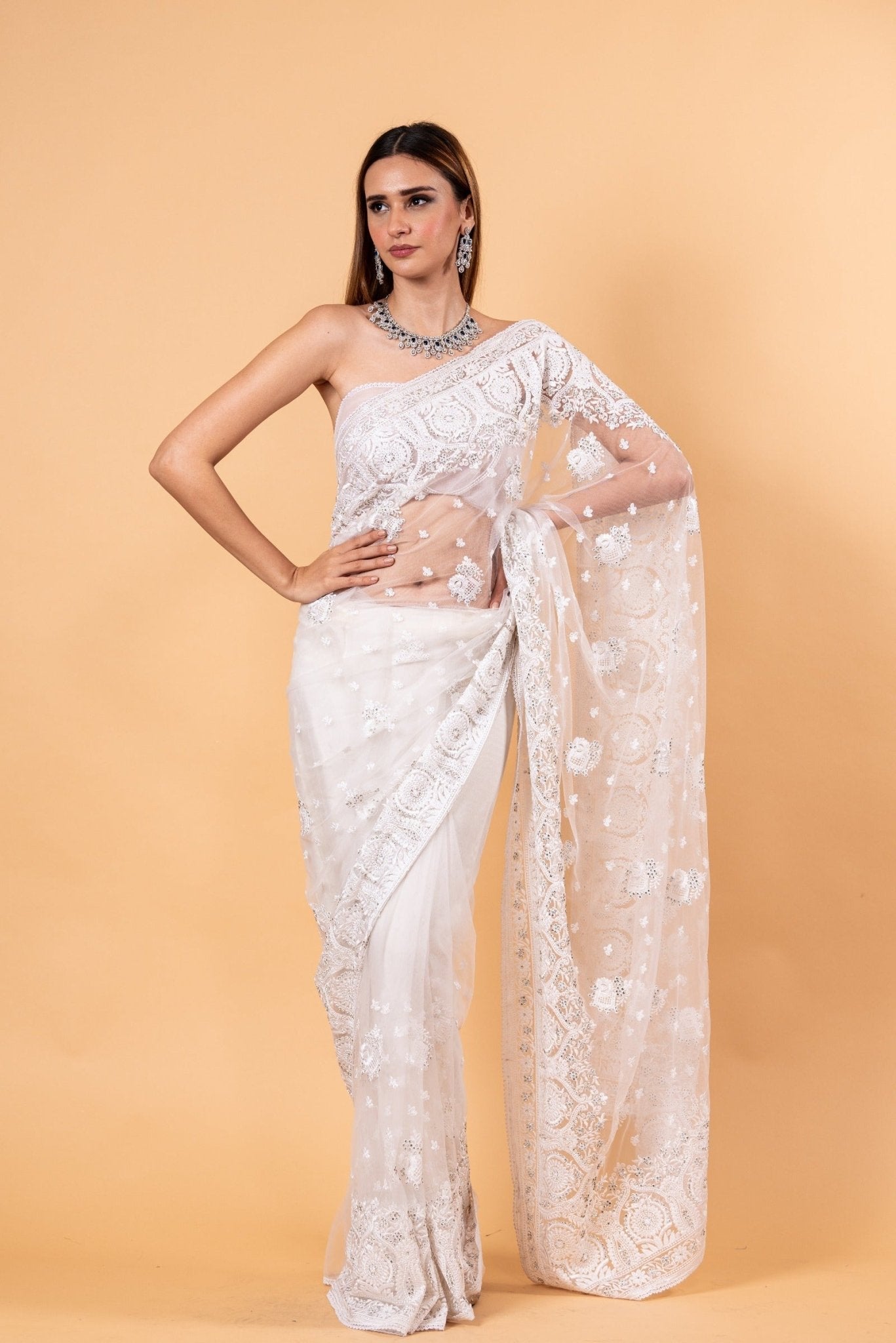 White Designer Net Saree with All over Embroidered Work - Anvi Couture