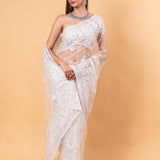 White Designer Net Saree with All over Embroidered Work - Anvi Couture