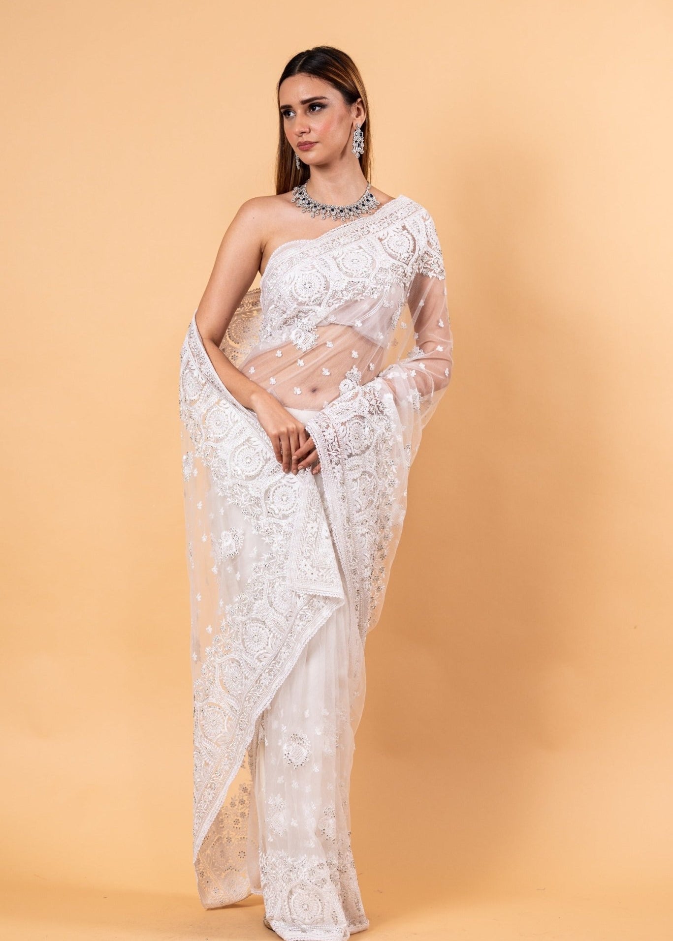 White Designer Net Saree with All over Embroidered Work - Anvi Couture