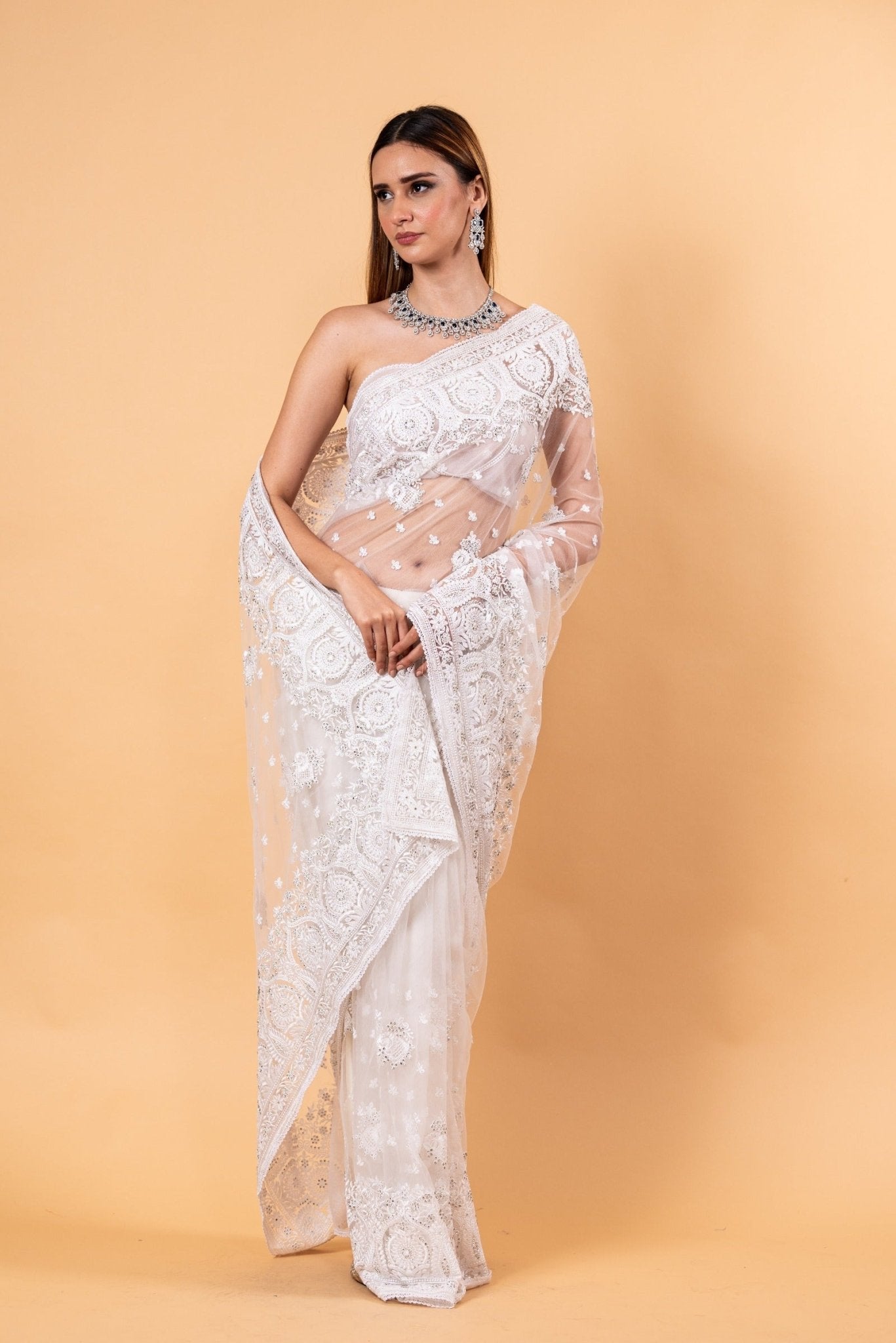 White Designer Net Saree with All over Embroidered Work - Anvi Couture