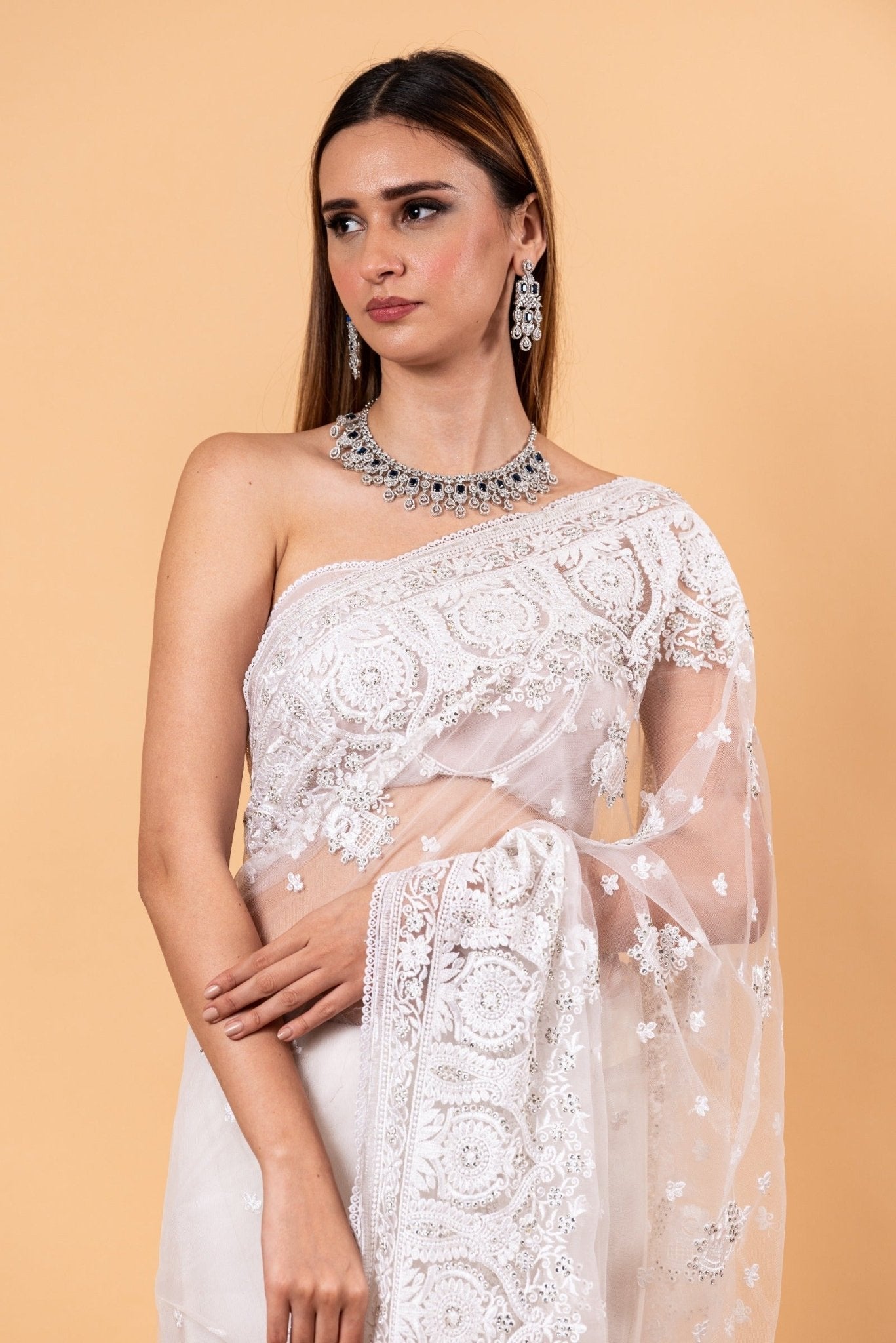 White Designer Net Saree with All over Embroidered Work - Anvi Couture