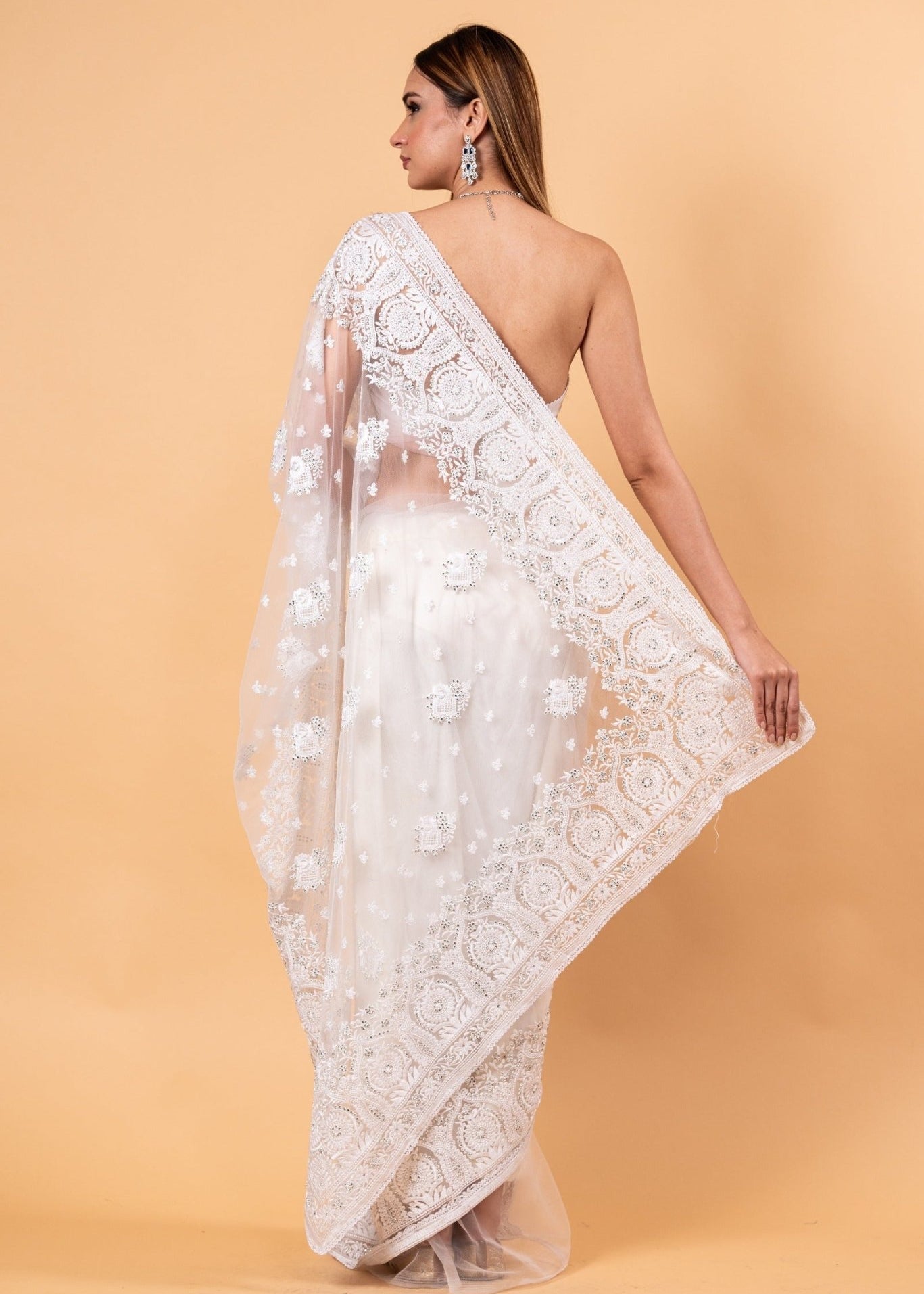 White Designer Net Saree with All over Embroidered Work - Anvi Couture