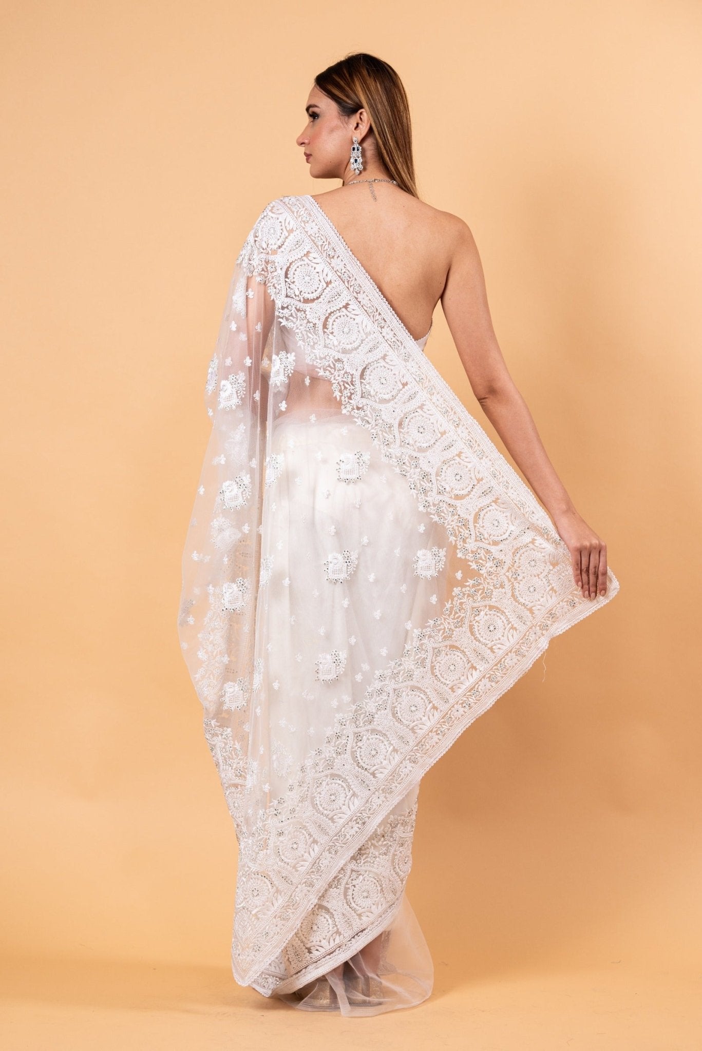 White Designer Net Saree with All over Embroidered Work - Anvi Couture