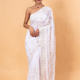 White Floral Embroidered Net Saree with Unstitch Blouse - Anvi Couture