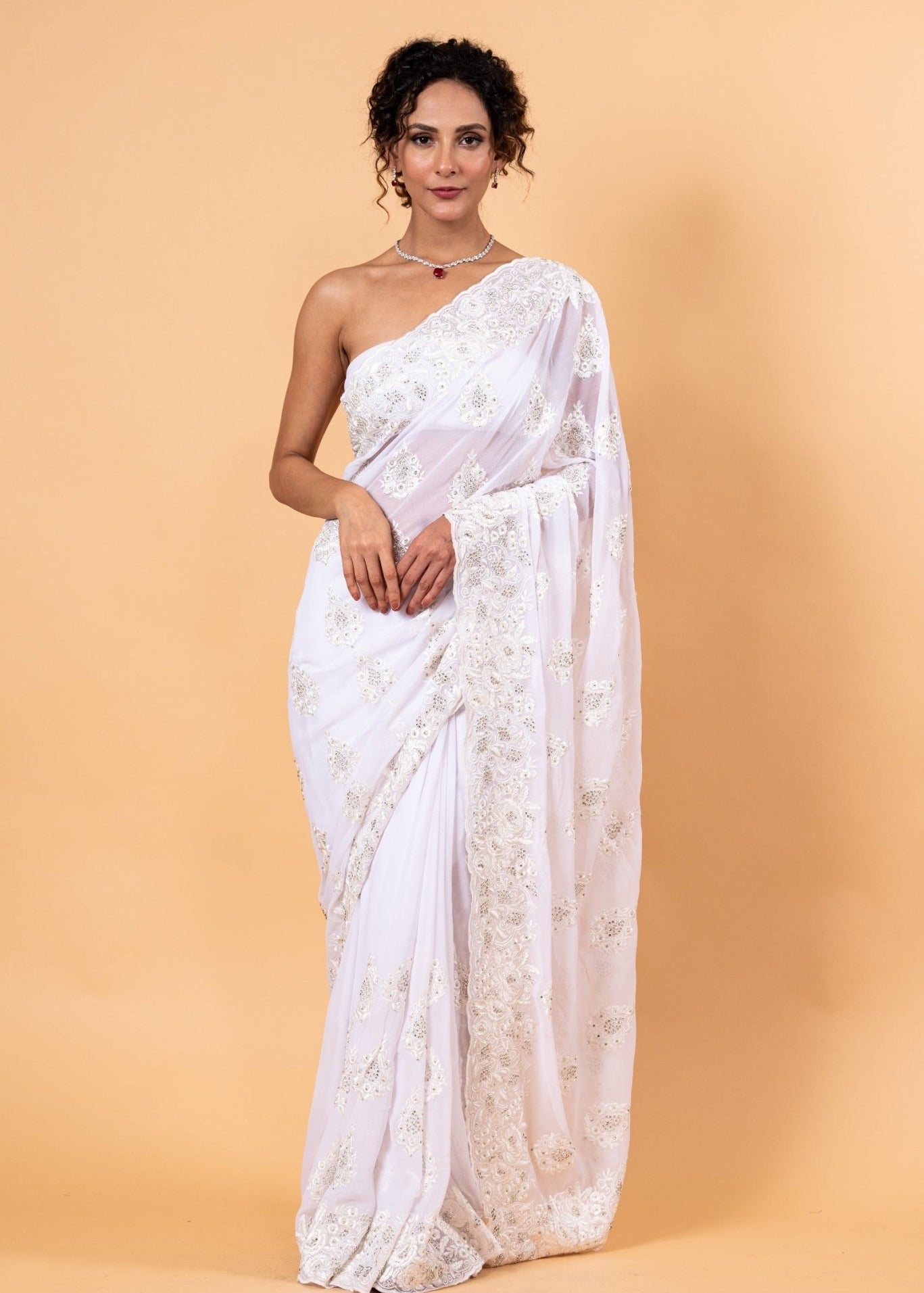 White Floral Embroidered Net Saree with Unstitch Blouse - Anvi Couture