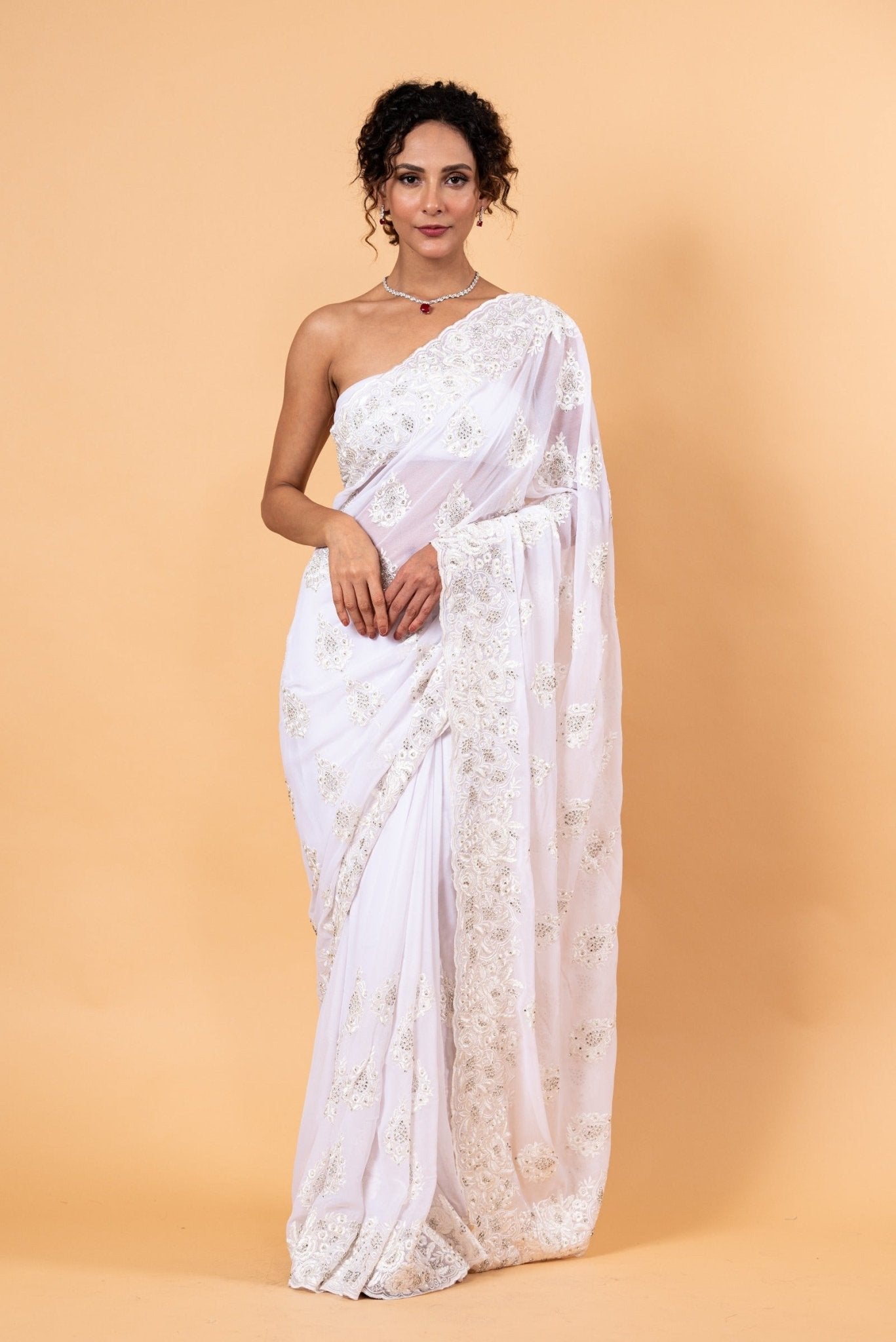 White Floral Embroidered Net Saree with Unstitch Blouse - Anvi Couture