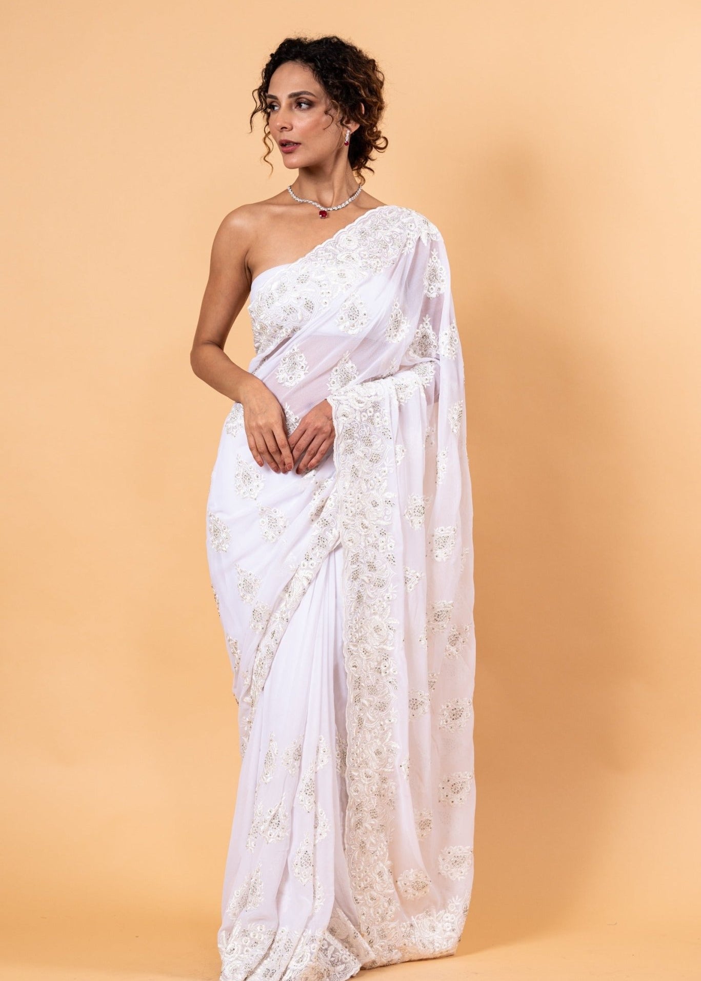 White Floral Embroidered Net Saree with Unstitch Blouse - Anvi Couture