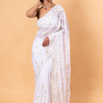 White Floral Embroidered Net Saree with Unstitch Blouse - Anvi Couture