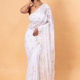 White Floral Embroidered Net Saree with Unstitch Blouse - Anvi Couture