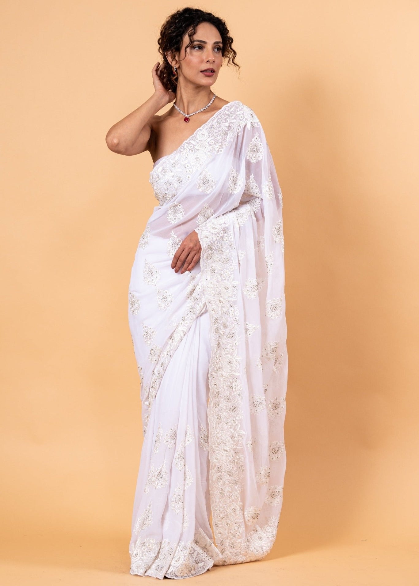 White Floral Embroidered Net Saree with Unstitch Blouse - Anvi Couture