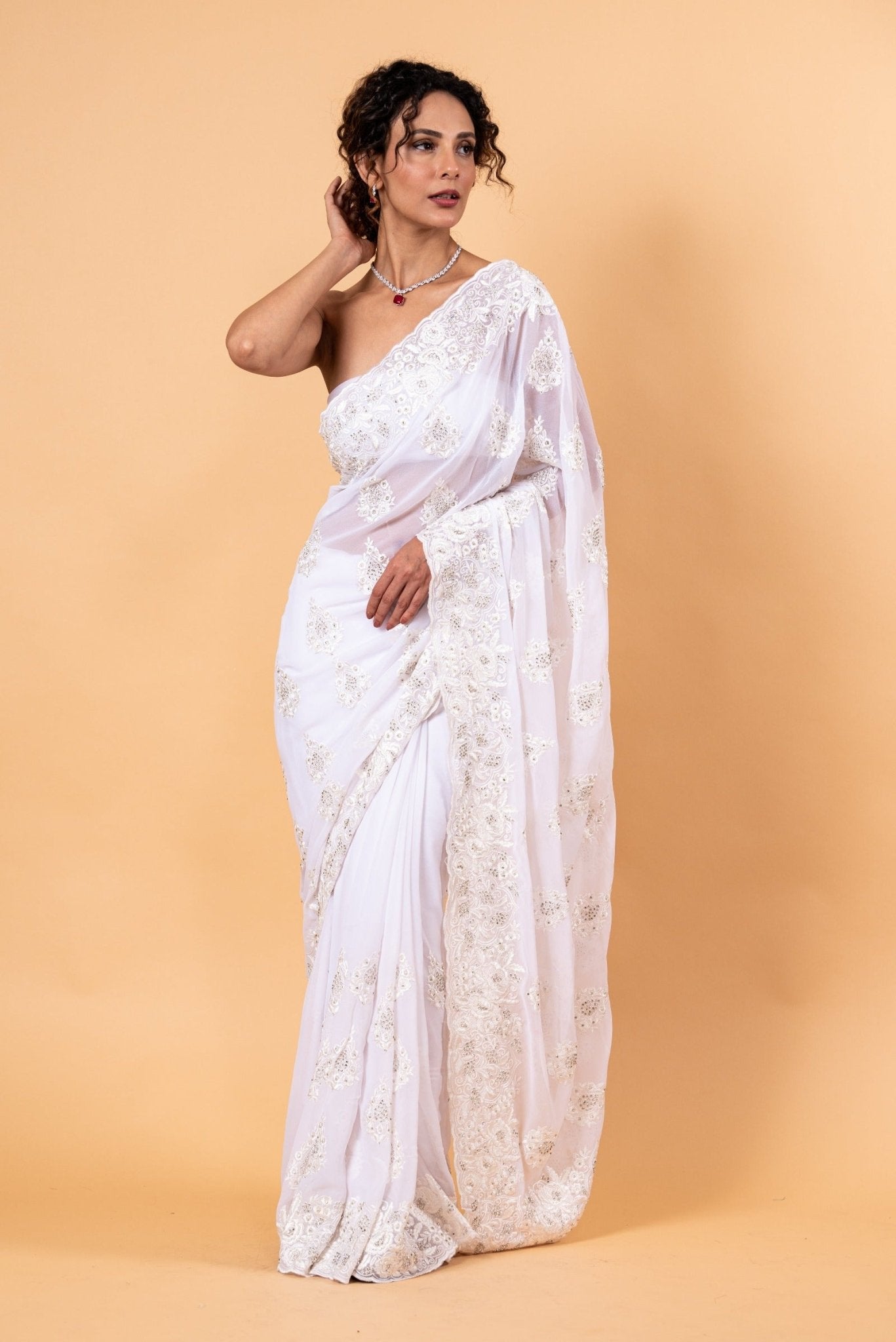 White Floral Embroidered Net Saree with Unstitch Blouse - Anvi Couture