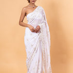 White Floral Embroidered Net Saree with Unstitch Blouse - Anvi Couture