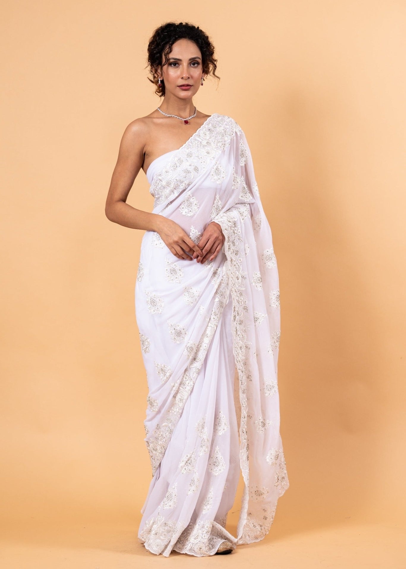 White Floral Embroidered Net Saree with Unstitch Blouse - Anvi Couture