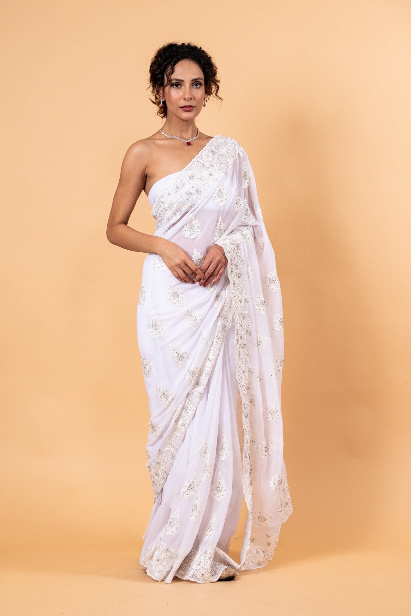 White Floral Embroidered Net Saree with Unstitch Blouse - Anvi Couture