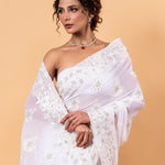 White Floral Embroidered Net Saree with Unstitch Blouse - Anvi Couture