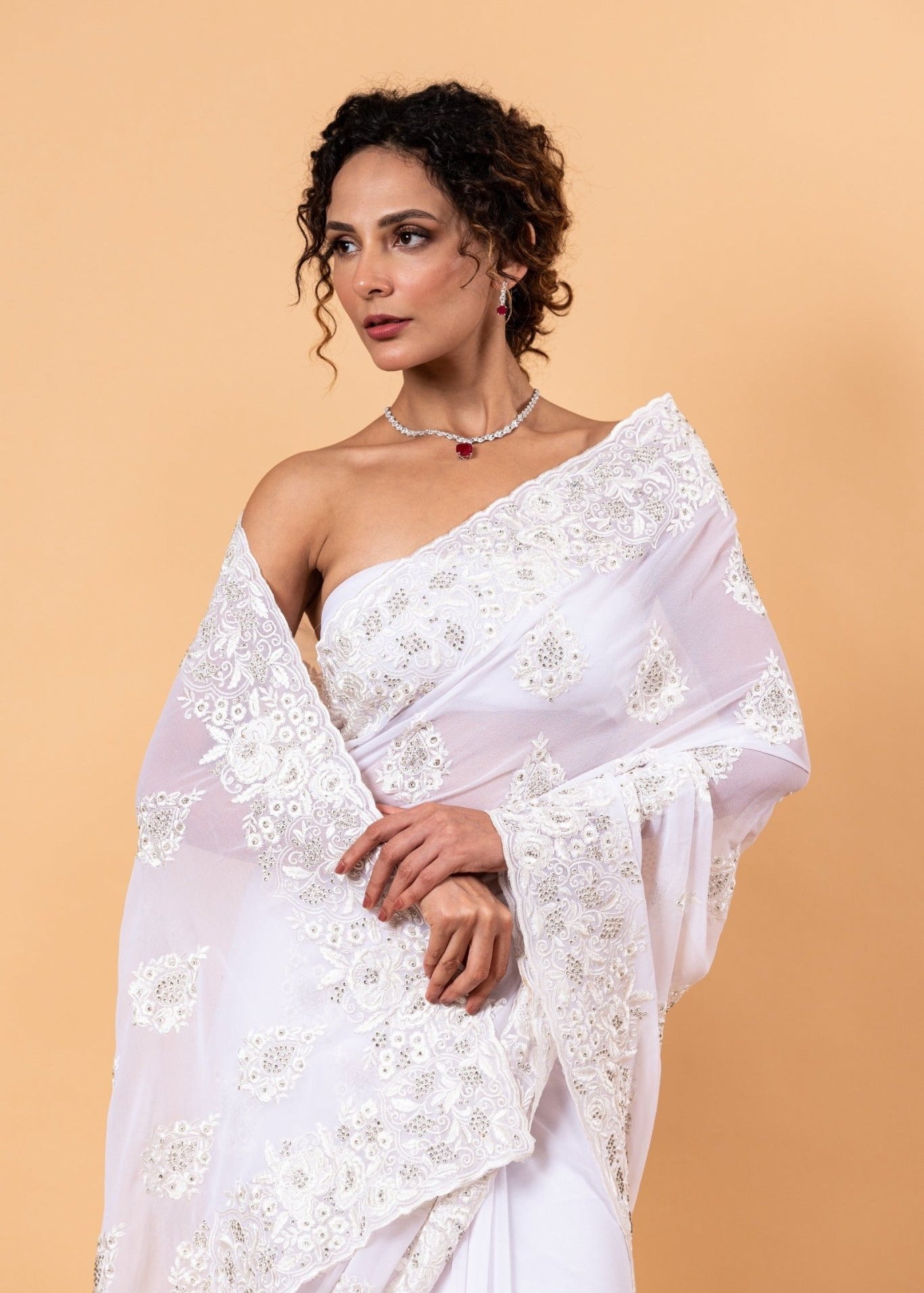 White Floral Embroidered Net Saree with Unstitch Blouse - Anvi Couture