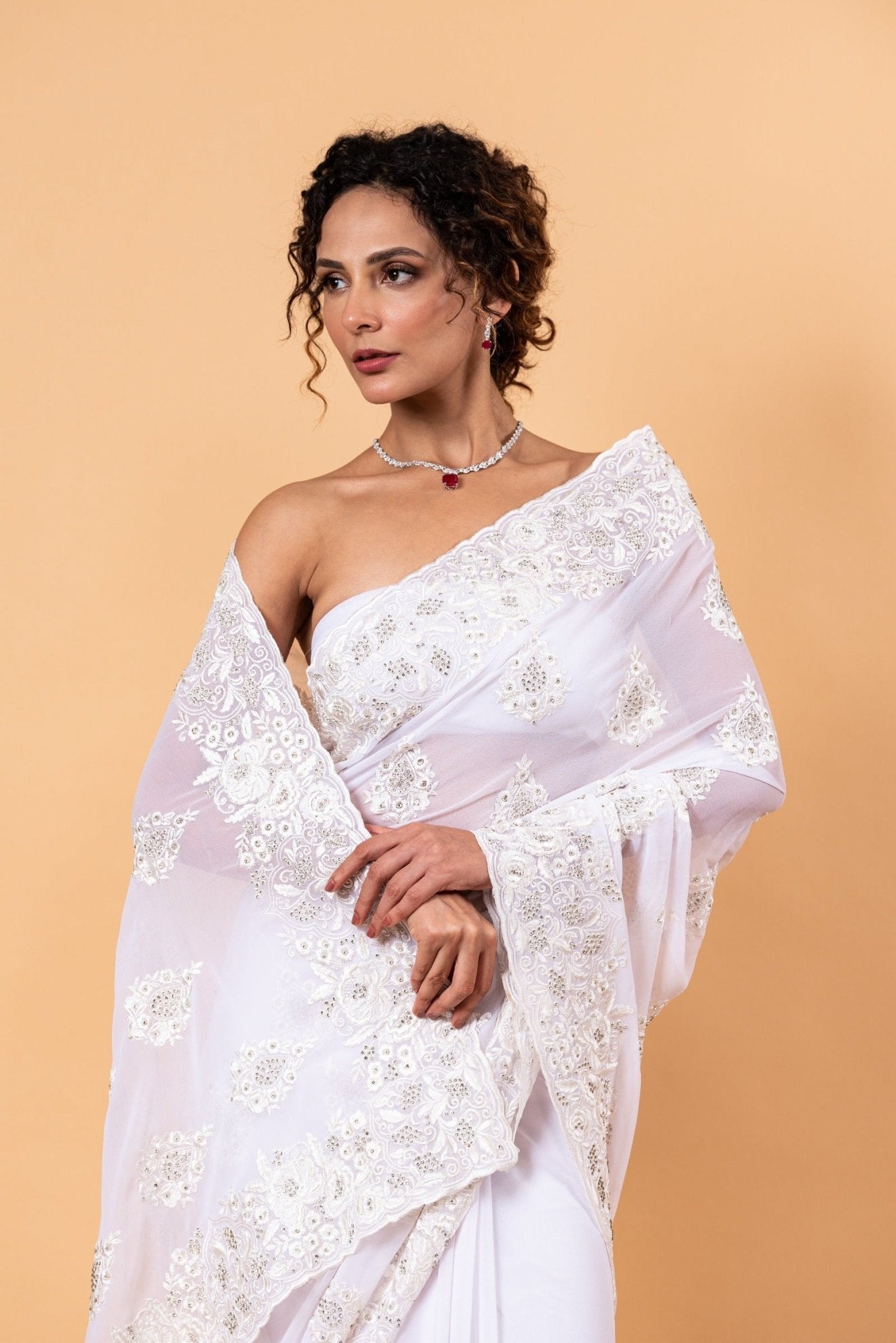 White Floral Embroidered Net Saree with Unstitch Blouse - Anvi Couture