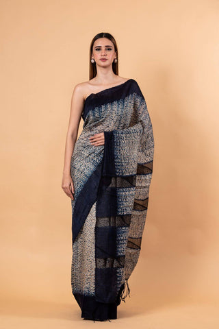Blue and White Shibhori Handloom Saree in Pure Matka Silk