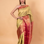 Light Green Kanjivaram Silk Saree with Gold and Pink Border - Image 1