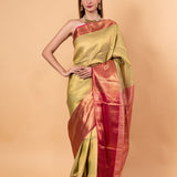 Light Green Kanjivaram Silk Saree with Gold and Pink Border - Image 1