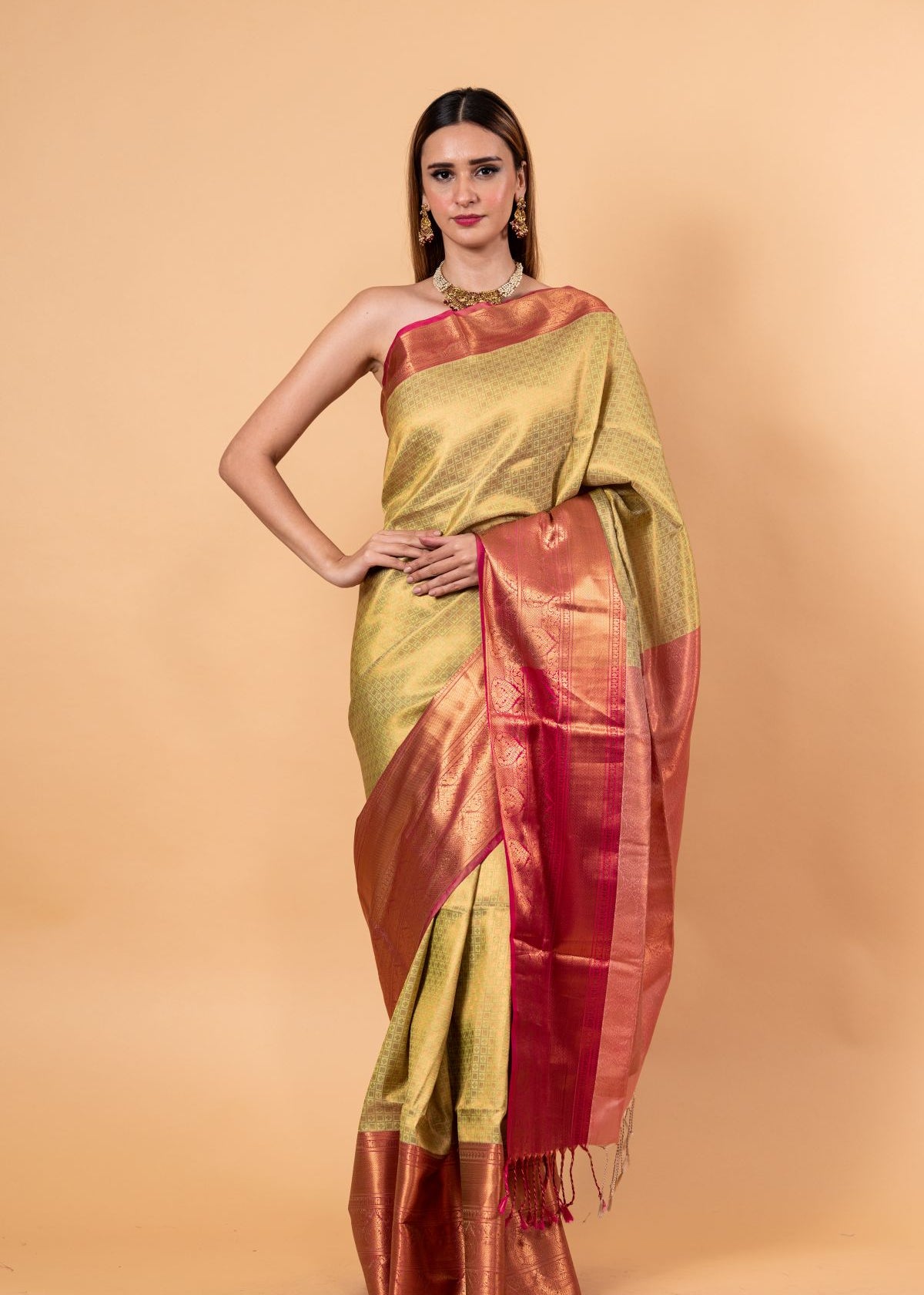 Light Green Kanjivaram Silk Saree with Gold and Pink Border - Image 1