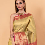 Light Green Kanjivaram Silk Saree with Gold and Pink Border - Image 2