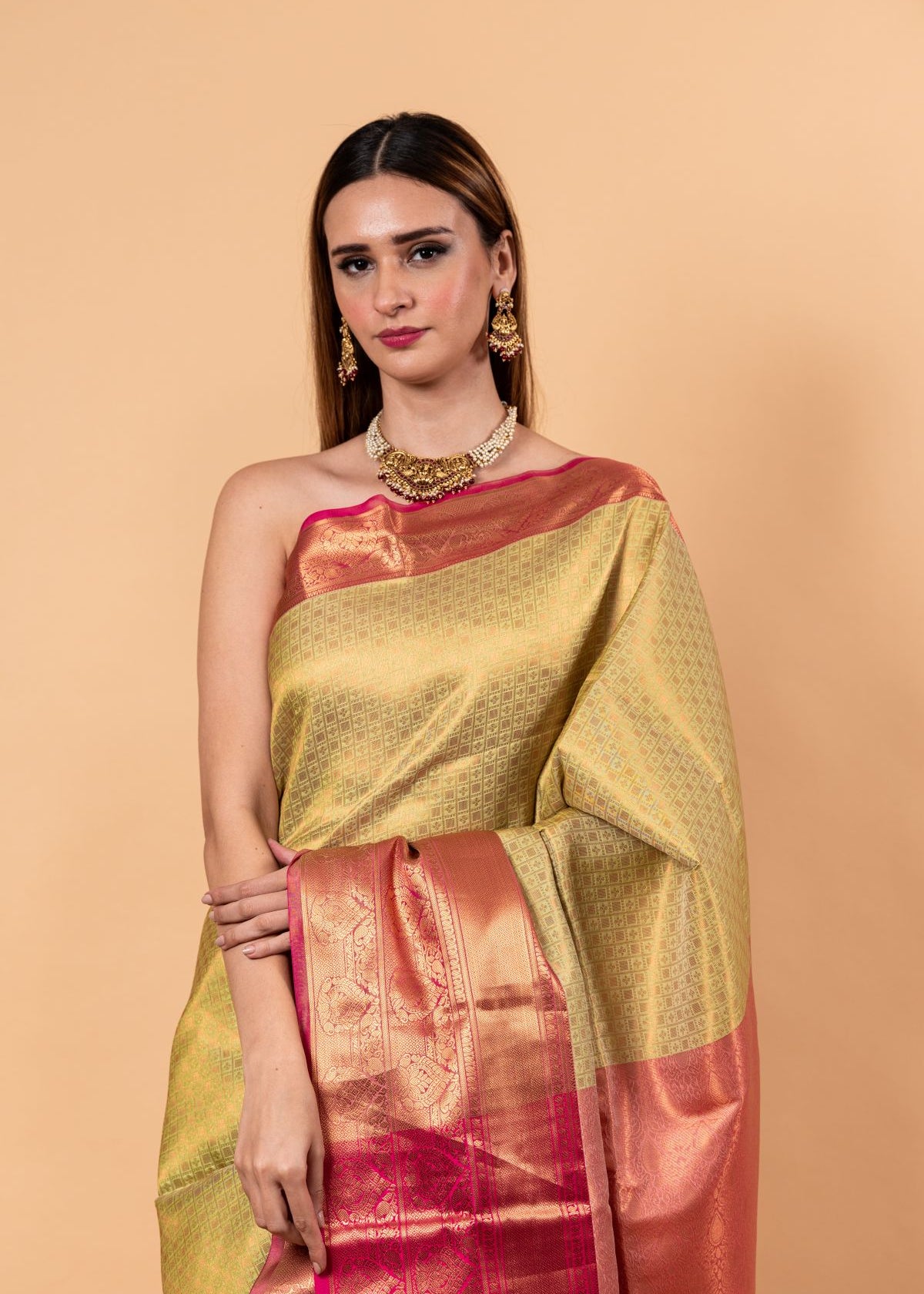 Light Green Kanjivaram Silk Saree with Gold and Pink Border - Image 2