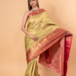 Light Green Kanjivaram Silk Saree with Gold and Pink Border - Image 3