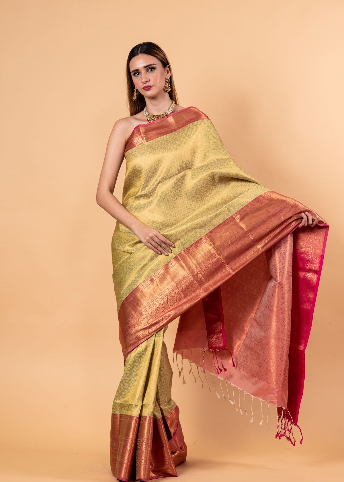 Light Green Kanjivaram Silk Saree with Gold and Pink Border - Anvi Couture