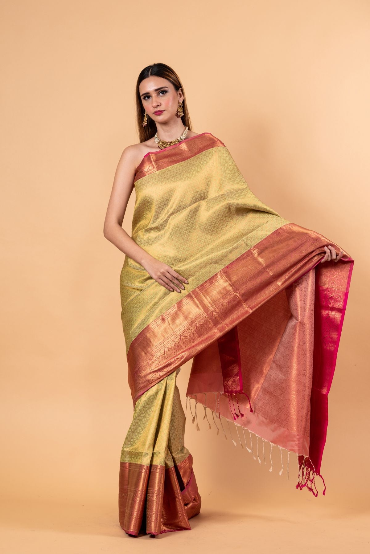 Light Green Kanjivaram Silk Saree with Gold and Pink Border - Image 3