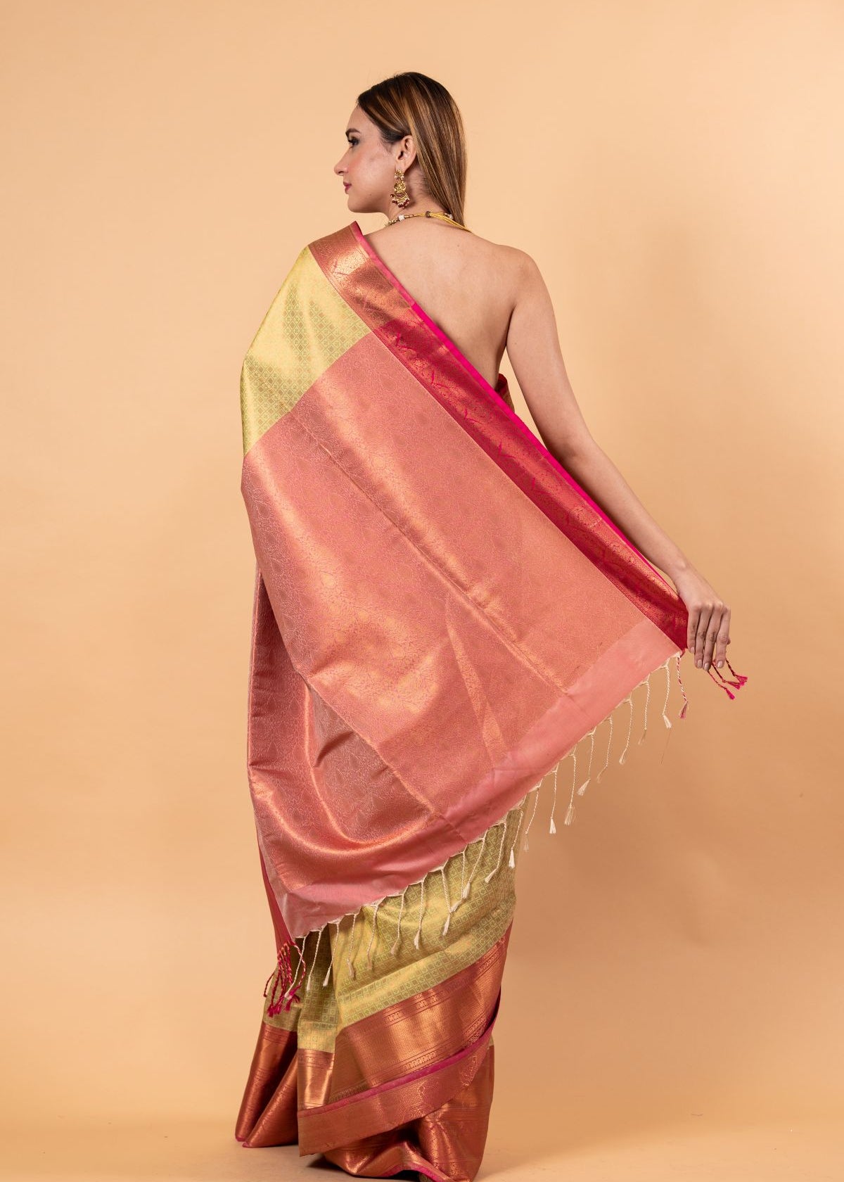 Light Green Kanjivaram Silk Saree with Gold and Pink Border - Anvi Couture