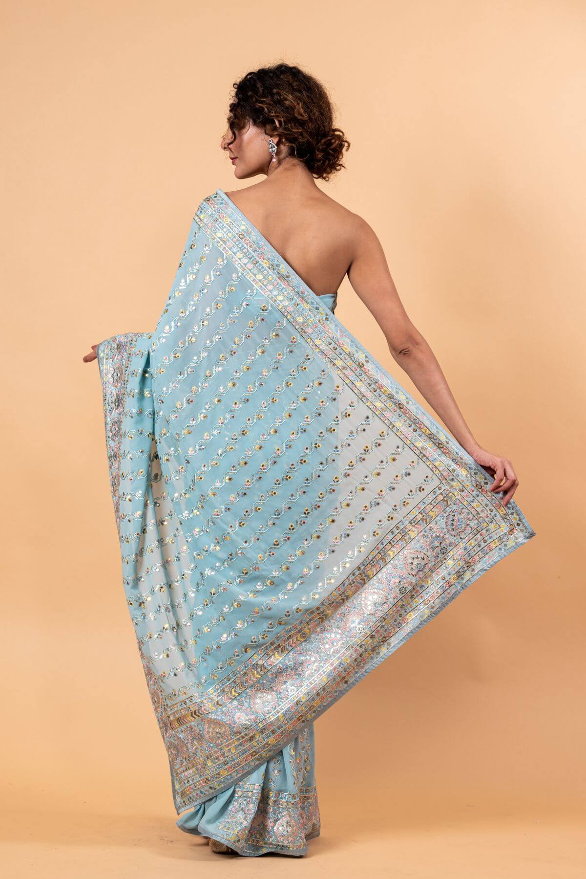 Blue Georgette Saree with Multicolor Floral Embroidery and Mirror Work - Anvi Couture