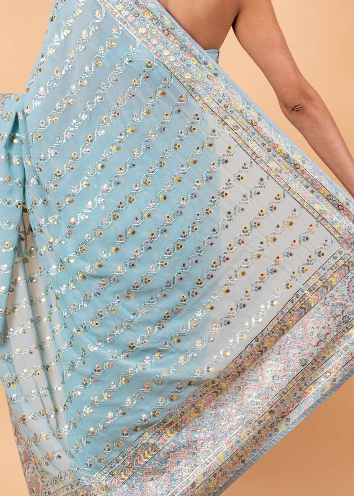 Blue Georgette Saree with Multicolor Floral Embroidery and Mirror Work - Anvi Couture