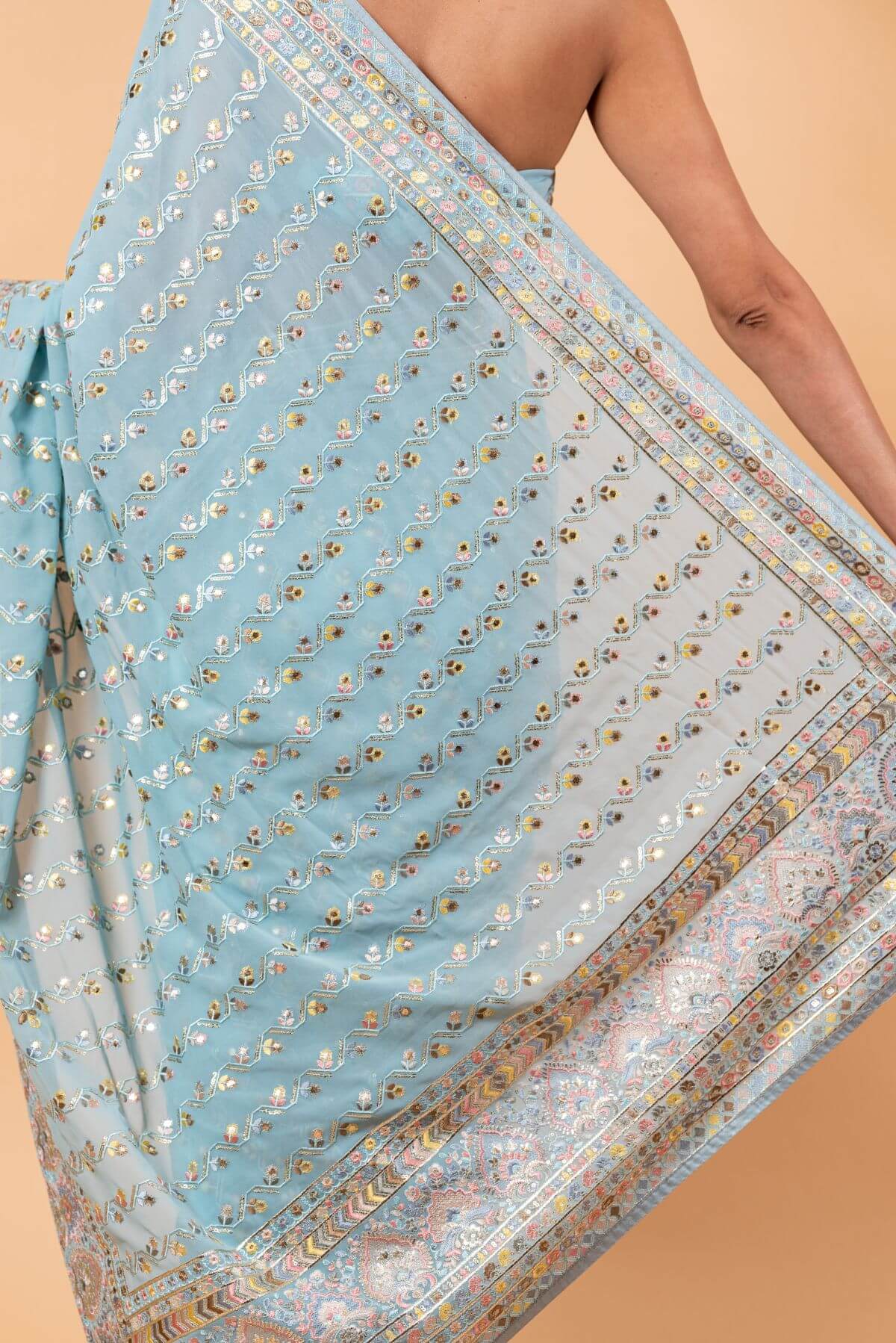 Blue Georgette Saree with Multicolor Floral Embroidery and Mirror Work - Anvi Couture