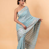 Blue Georgette Saree with Multicolor Floral Embroidery and Mirror Work - Anvi Couture