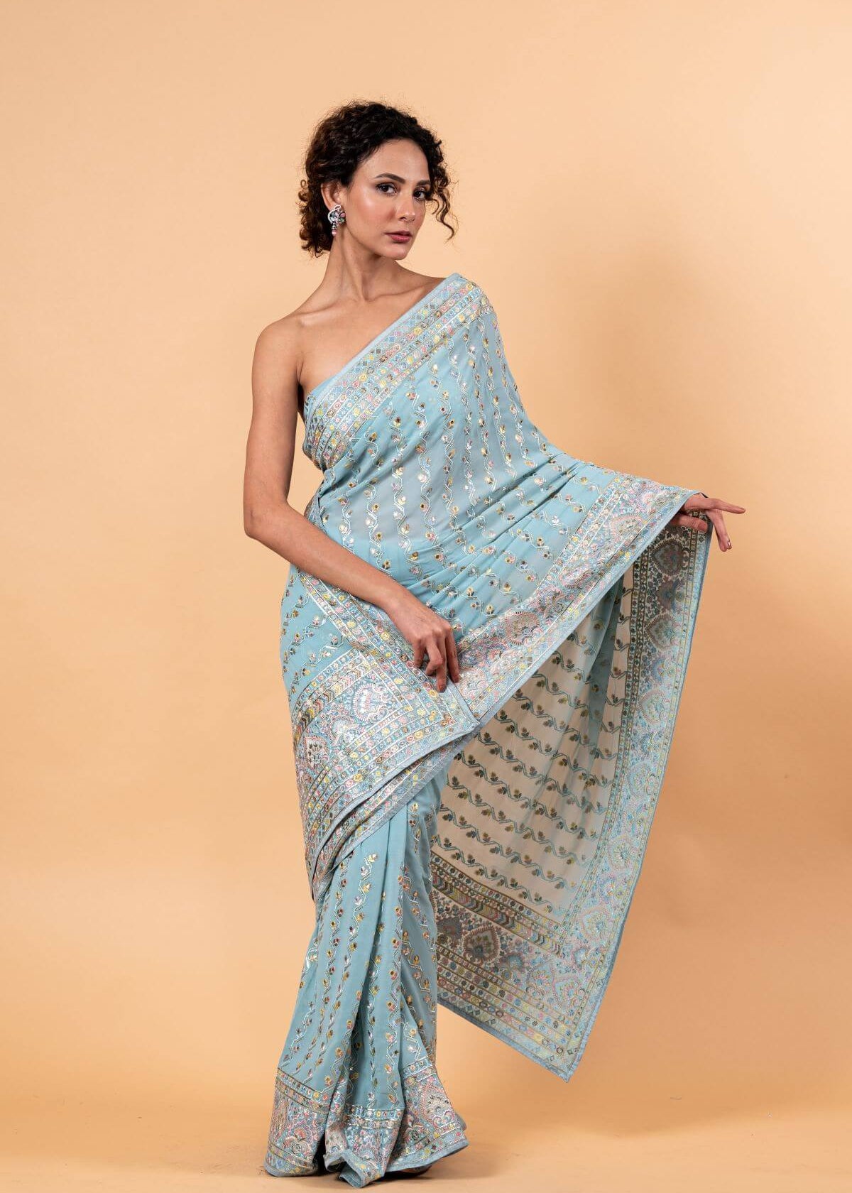 Blue Georgette Saree with Multicolor Floral Embroidery and Mirror Work - Image 1