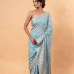 Blue Georgette Saree with Multicolor Floral Embroidery and Mirror Work - Anvi Couture