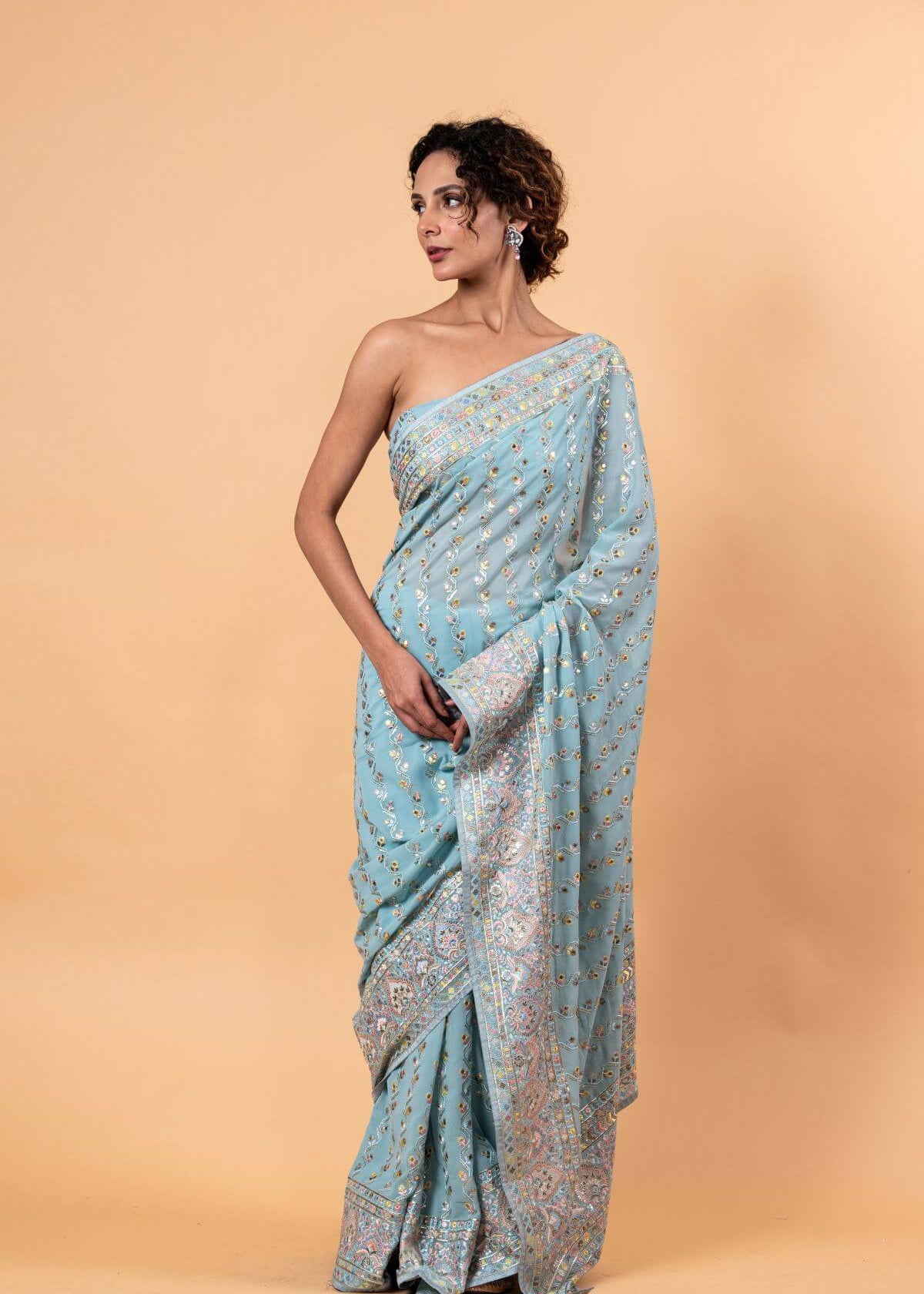 Blue Georgette Saree with Multicolor Floral Embroidery and Mirror Work - Image 2